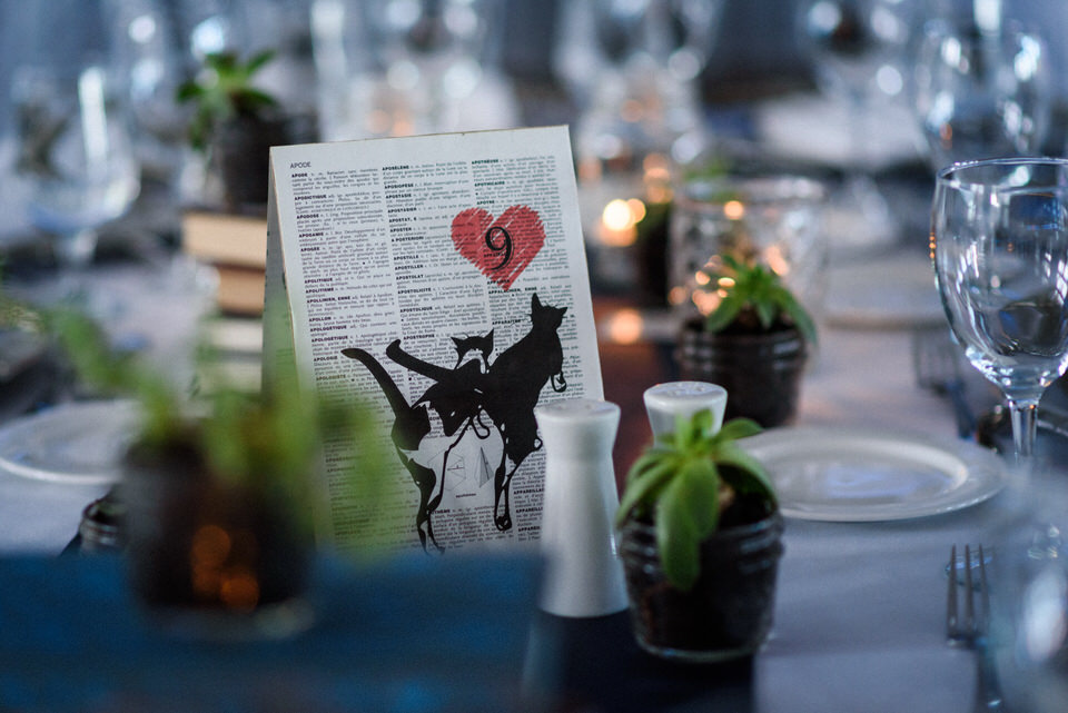 Wedding decorations with dictionary pages and animal prints
