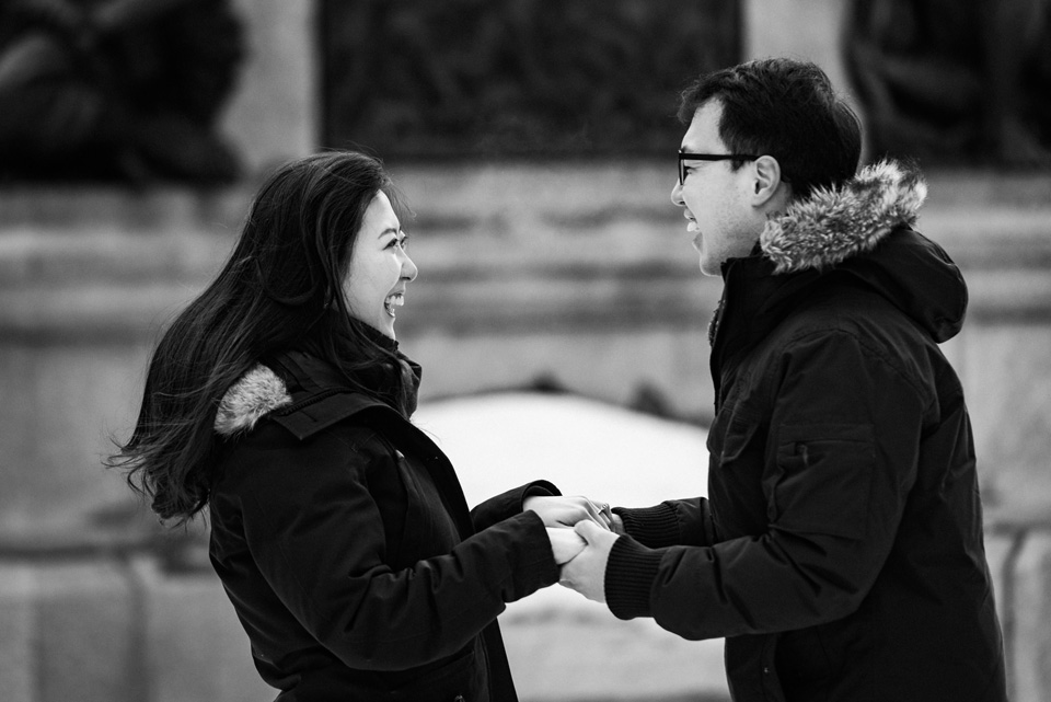 Black and white photo of reaction to surprise proposal