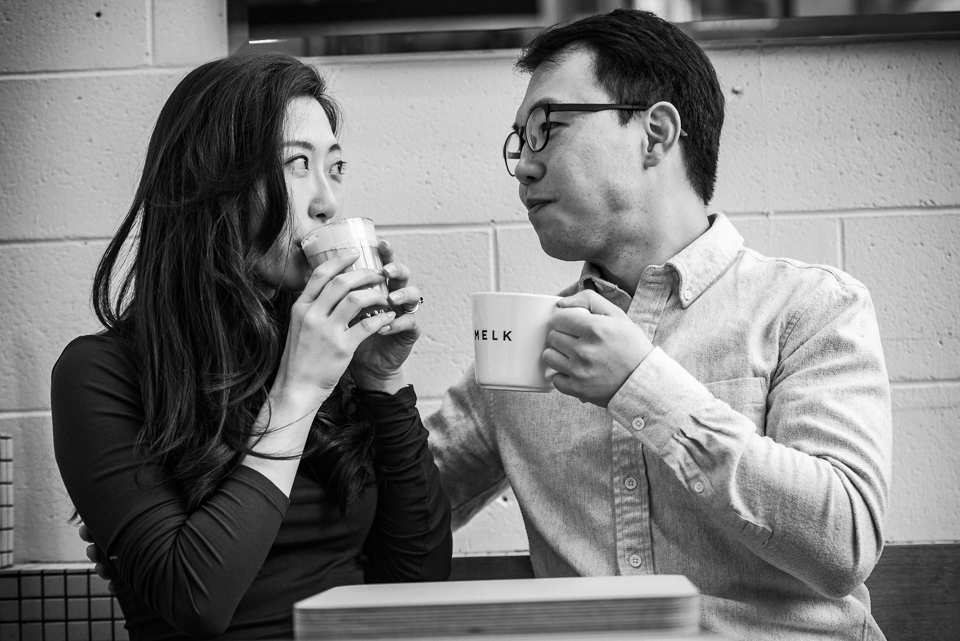Engagement photos at Melk Cafe in Old Montreal 07