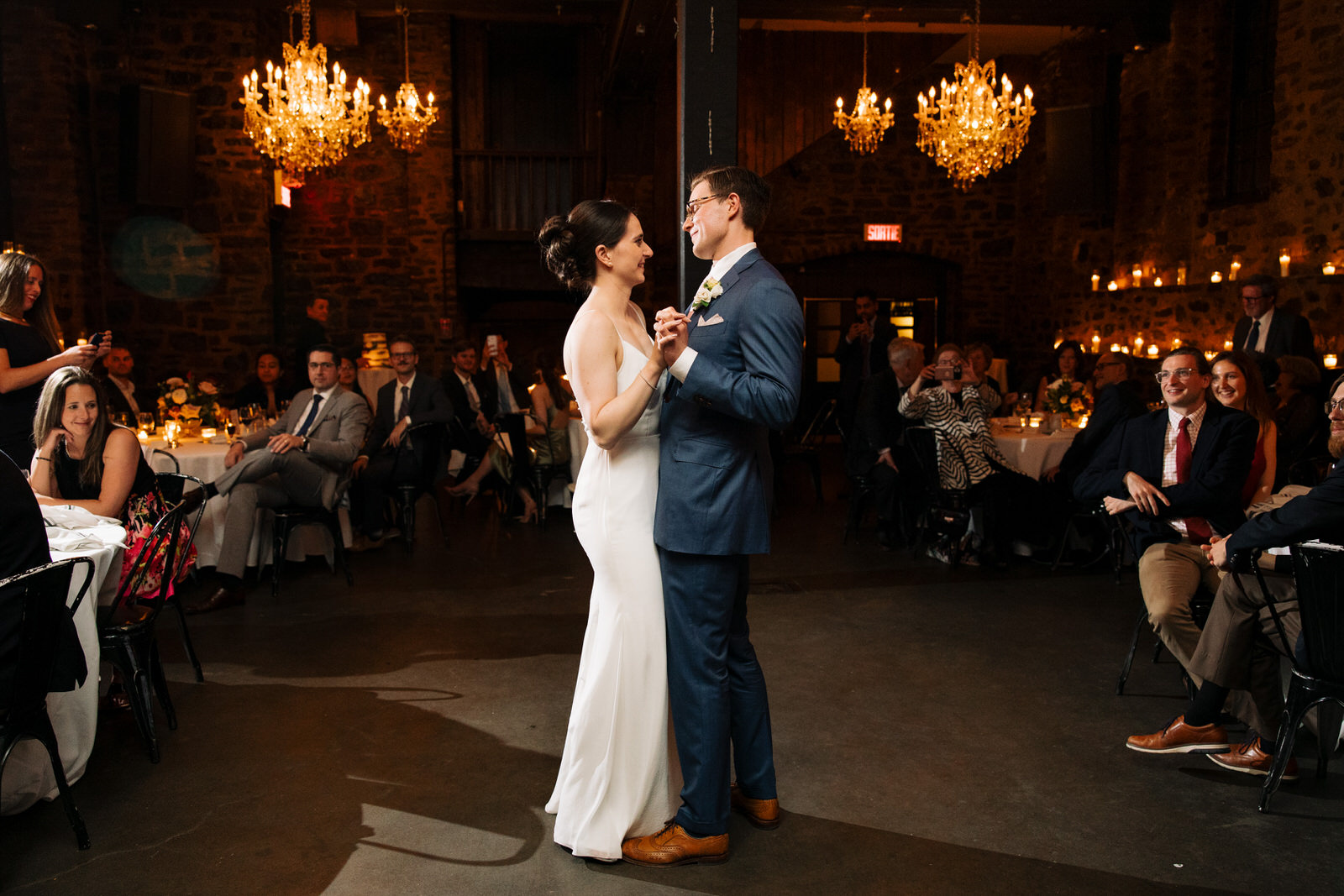 First dance in Truteau Hall at Auberge Saint-Gabriel wedding venue